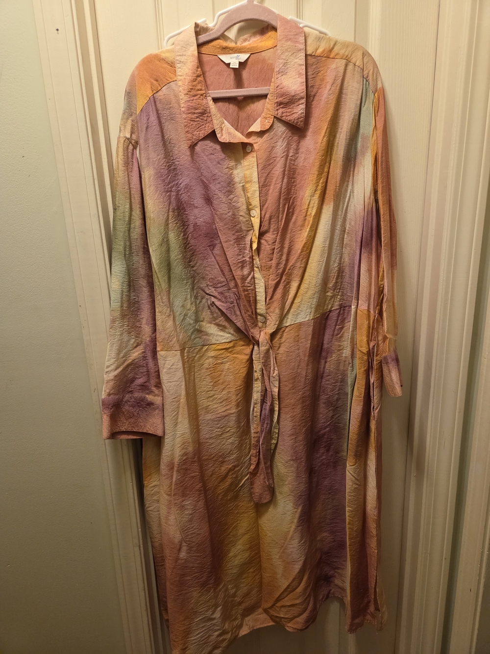 Time and Tru Pastel Watercolor Tie-Front Long Sleeve Shirt Dress